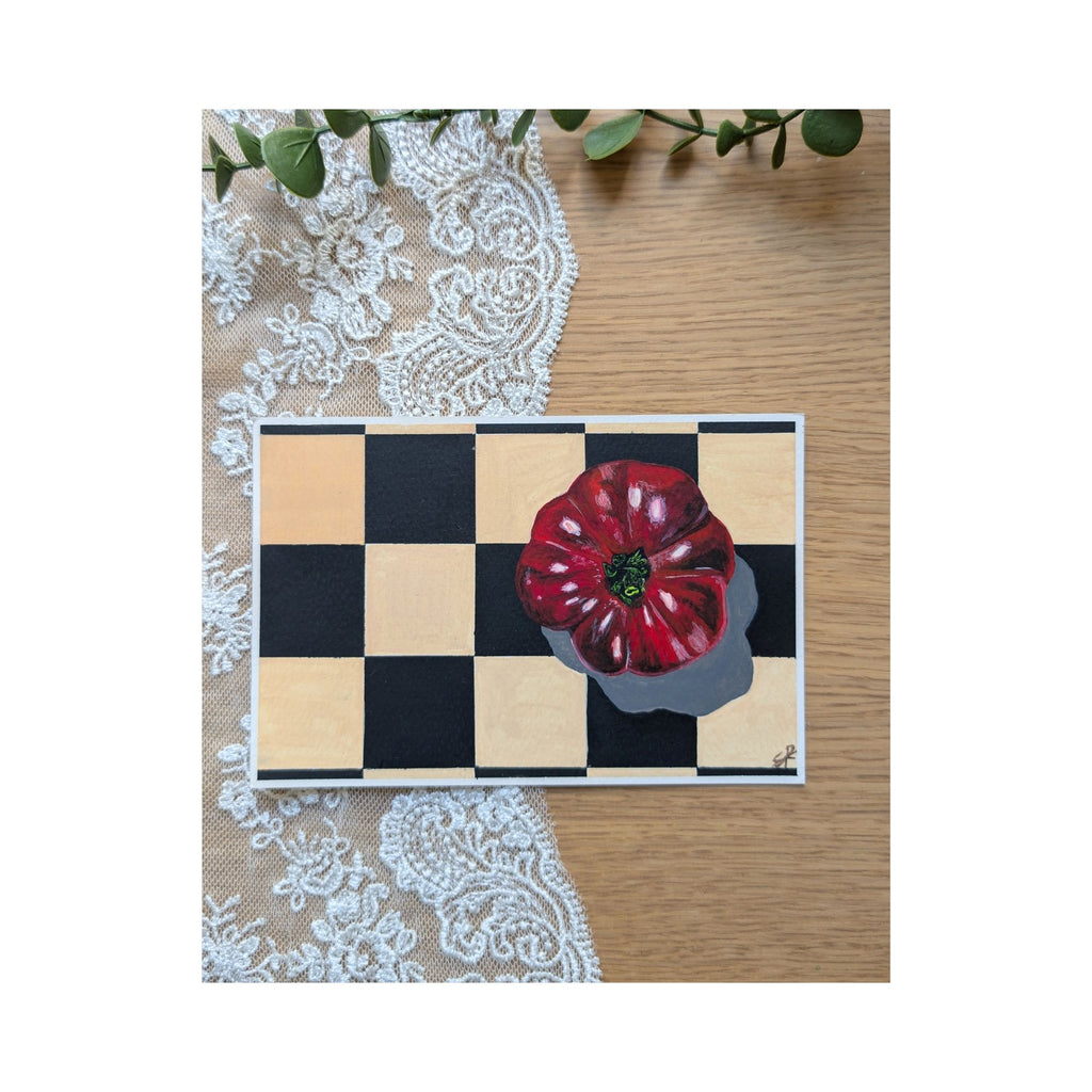 Hand-Painted Postcard No. 10 — Heirloom Tomato on Checkerboard, full artwork
