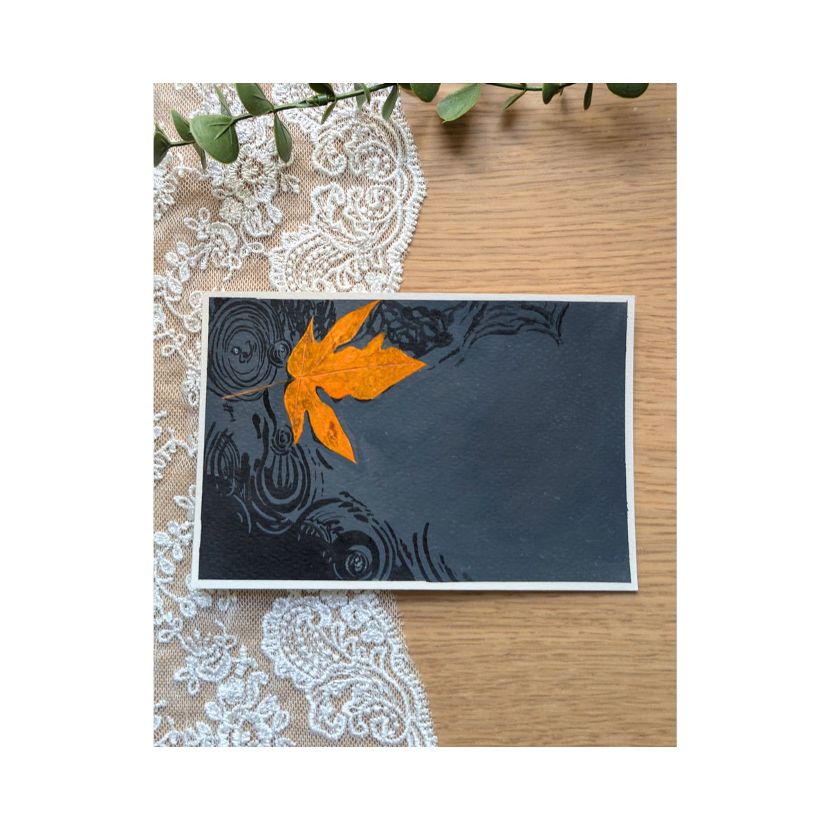 Hand-Painted Postcard No. 11 — Autumn Leaf in the Rain, full artwork