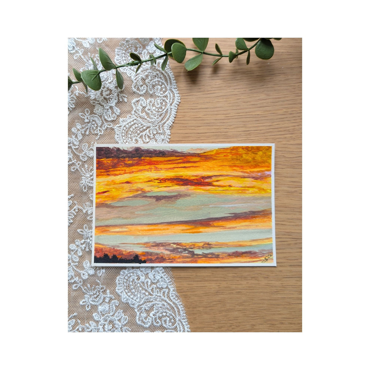 Hand-Painted Postcard No. 12 — Blazing Sunset, full artwork