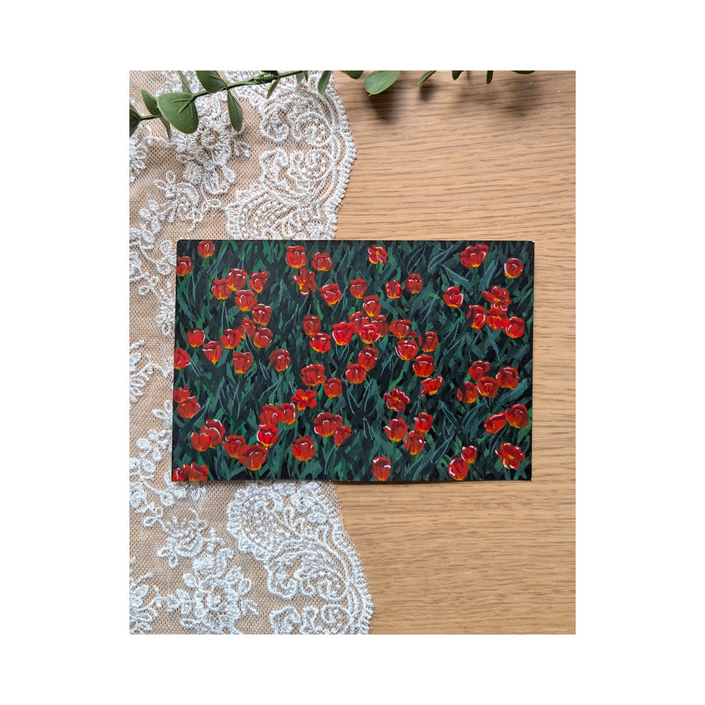 Hand-Painted Postcard No. 14 — Red Tulip Field, full artwork