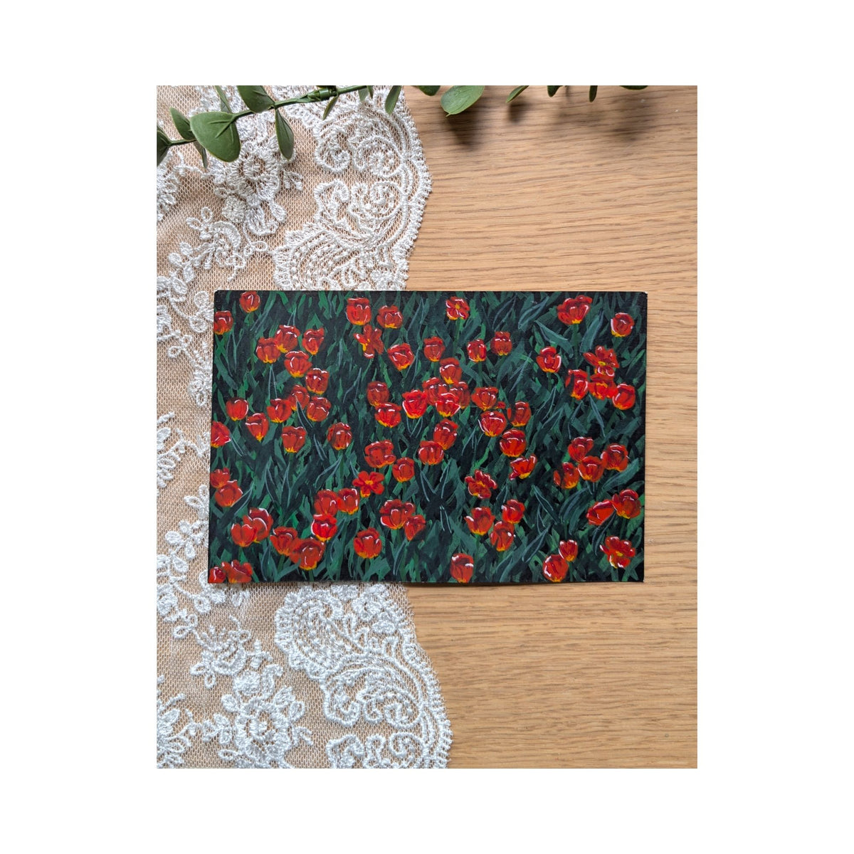 Hand-Painted Postcard No. 14 — Red Tulip Field, full artwork