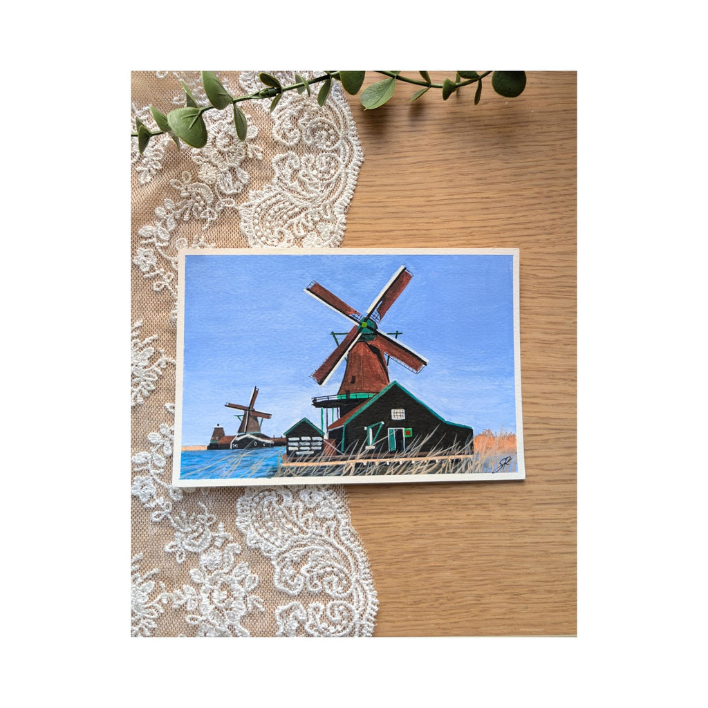 Hand-Painted Postcard No. 2 — Zaanse Schans windmills by the water