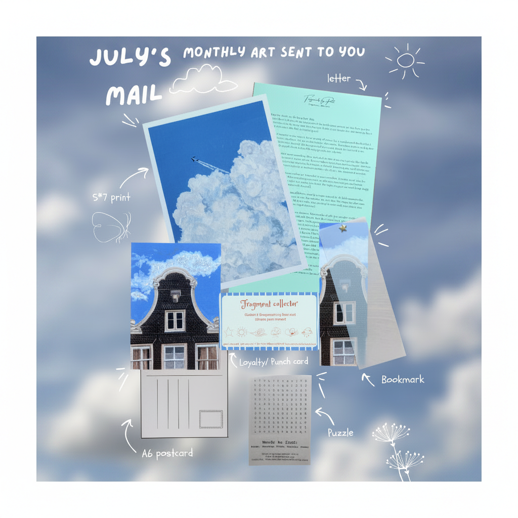 A collage showing a monthly art mail set with printed artwork and stationery on a cloudy sky background. Visible items include a postcard, letter, bookmark, puzzle, and printed cards, all styled with hand-drawn labels and arrows.
