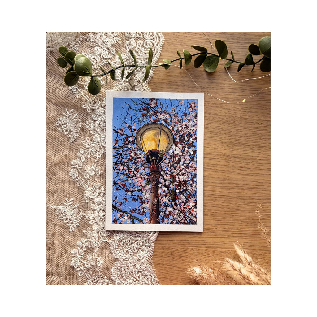Bloom — mini original gouache, lantern through cherry blossoms