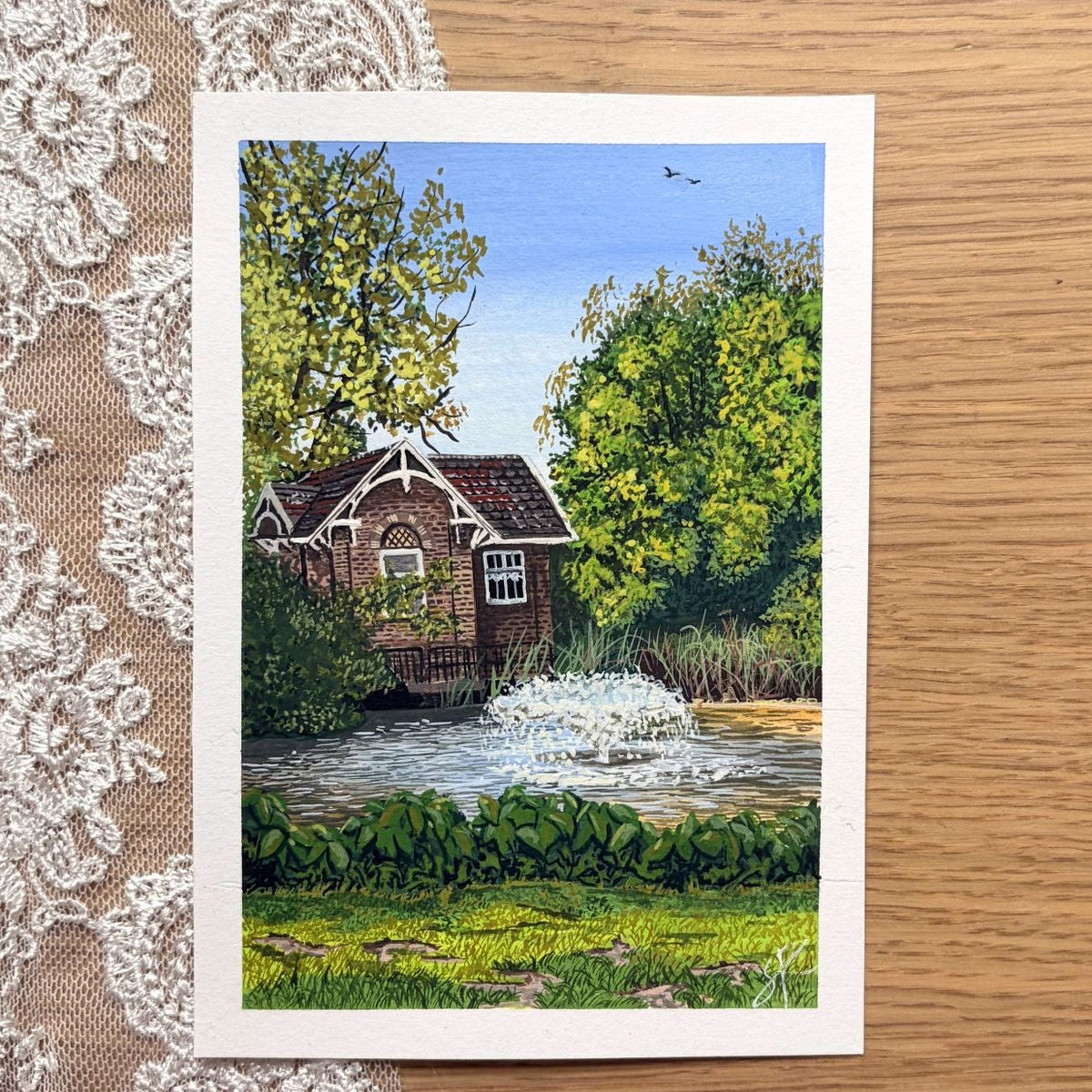 Hidden Corner — mini original gouache, boathouse and fountain