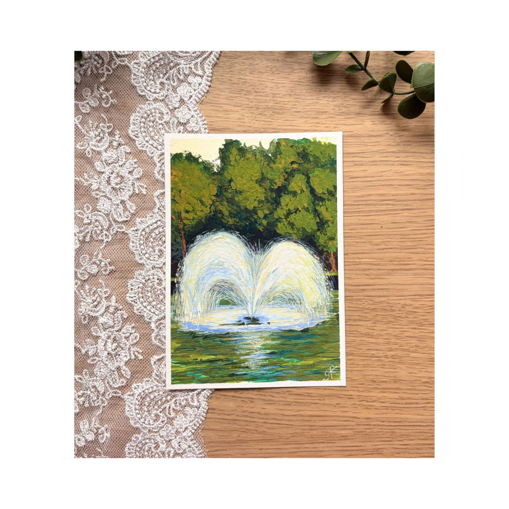 Fountain — mini original gouache, twin water jets in park