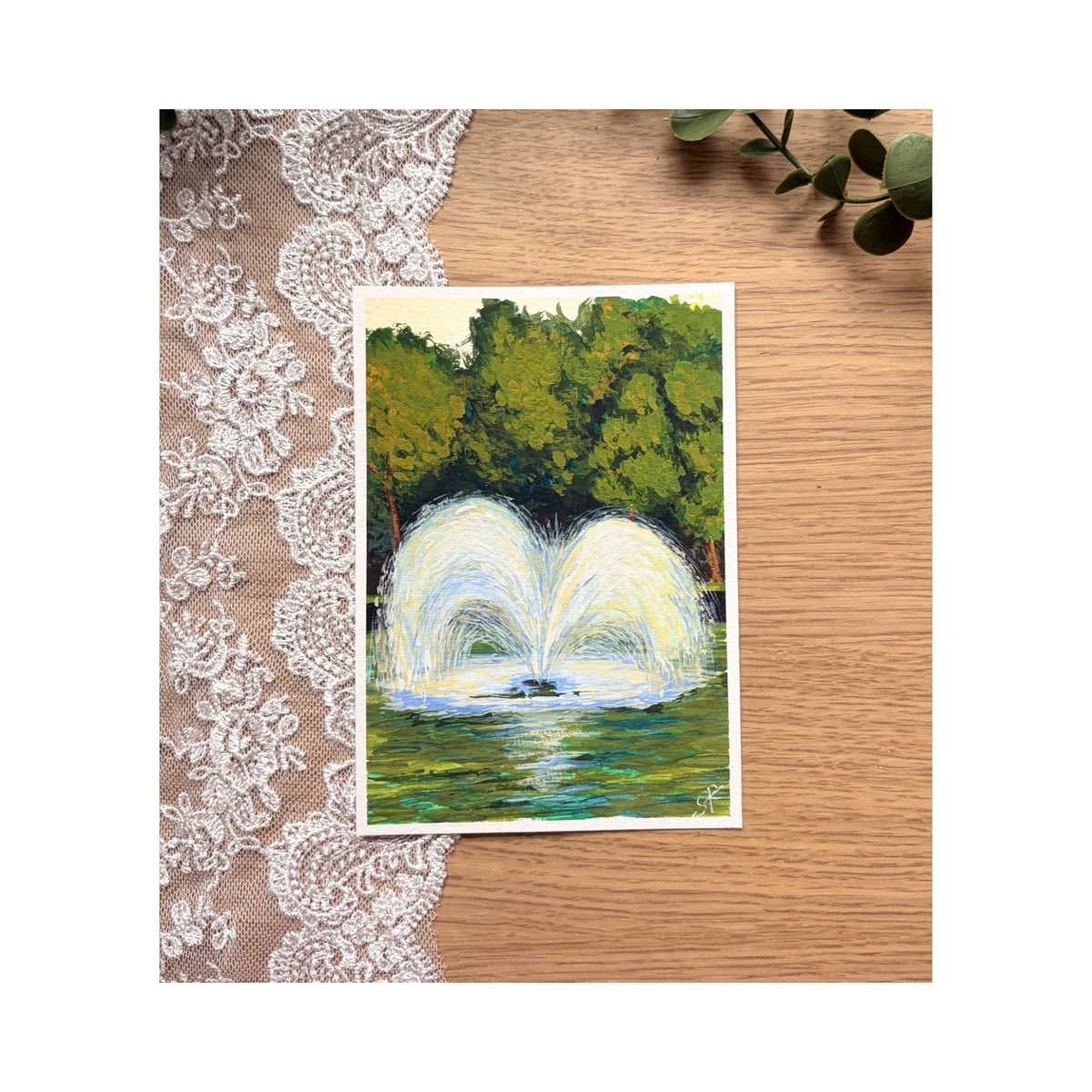 Fountain — mini original gouache, twin water jets in park