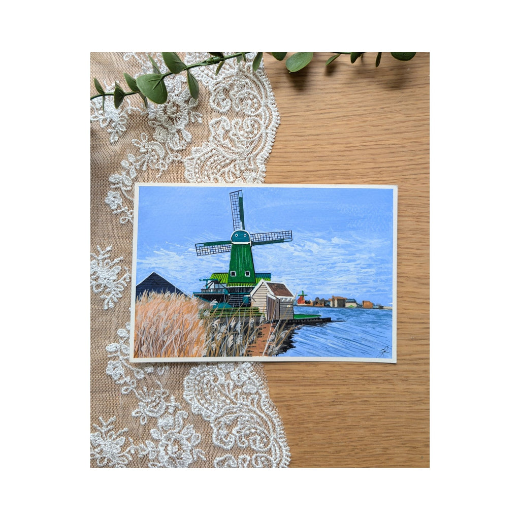 Hand-Painted Postcard No. 4 — De Kat Windmill, full artwork