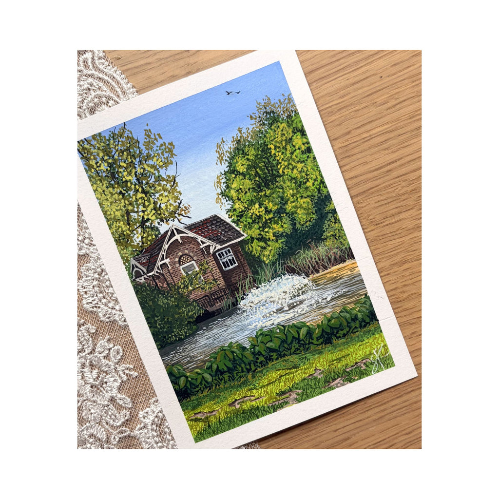 Hidden Corner — angled view of mini painting on lace background