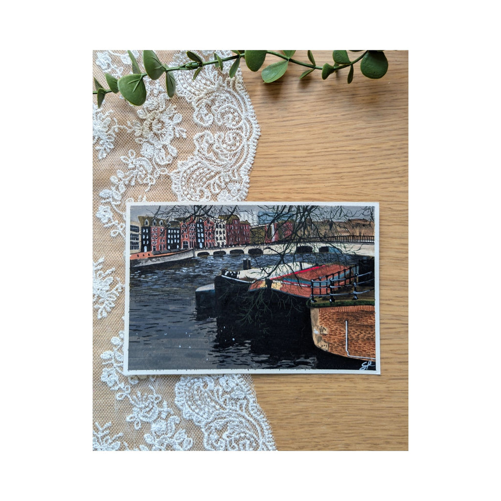 Hand-Painted Postcard No. 7 — Amsterdam Canal in Winter, full artwork