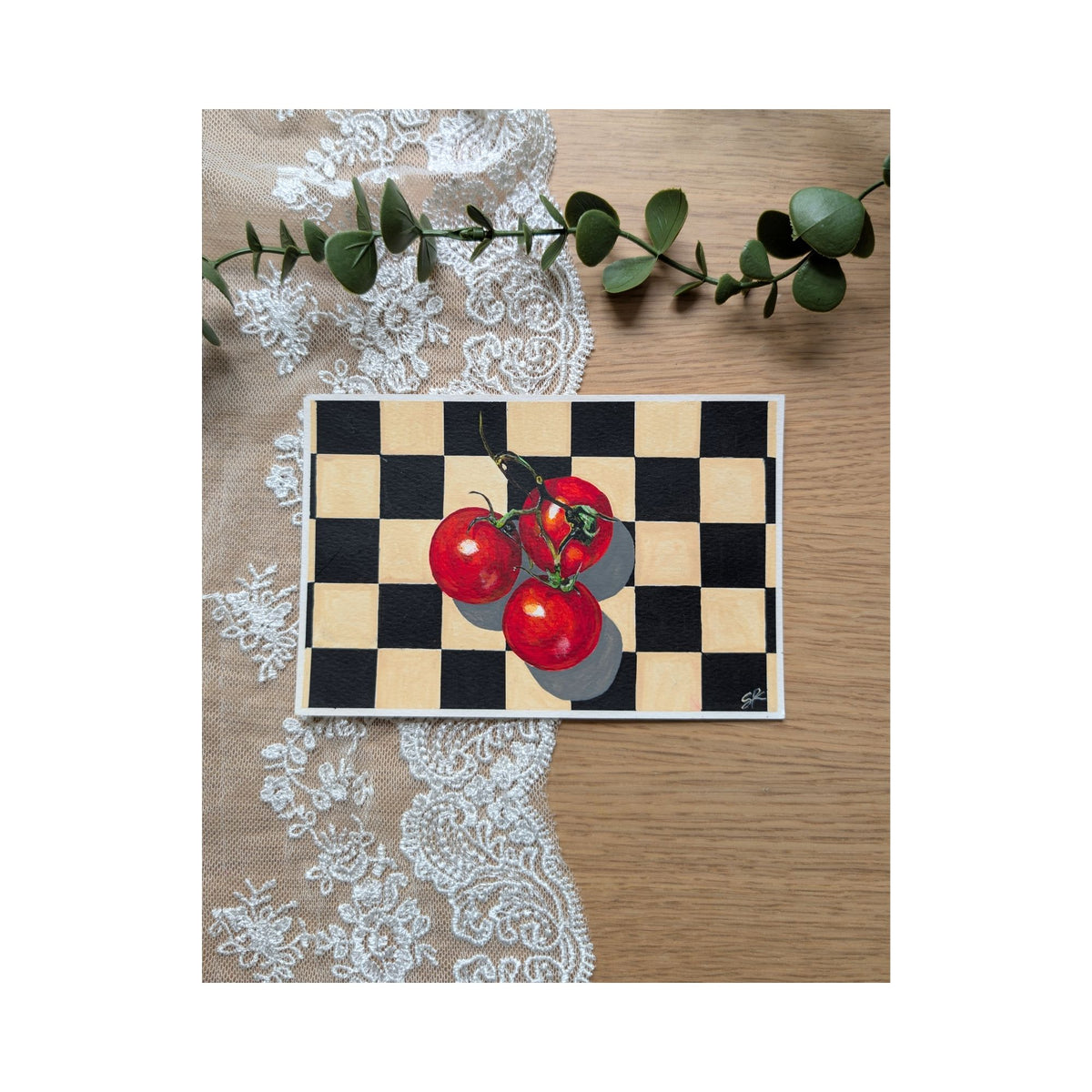 Hand-Painted Postcard No. 9 — Cherry Tomatoes on Checkerboard, full artwork