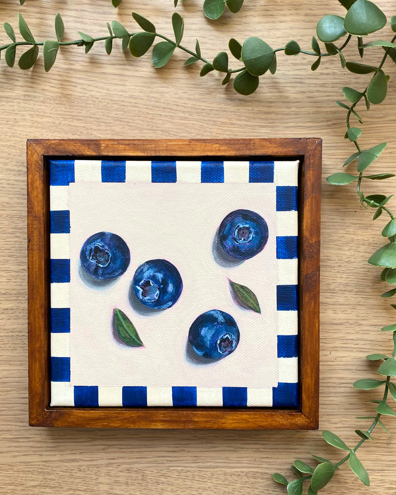 Rainbow Orchard — Blueberries, framed with handmade blue gingham border