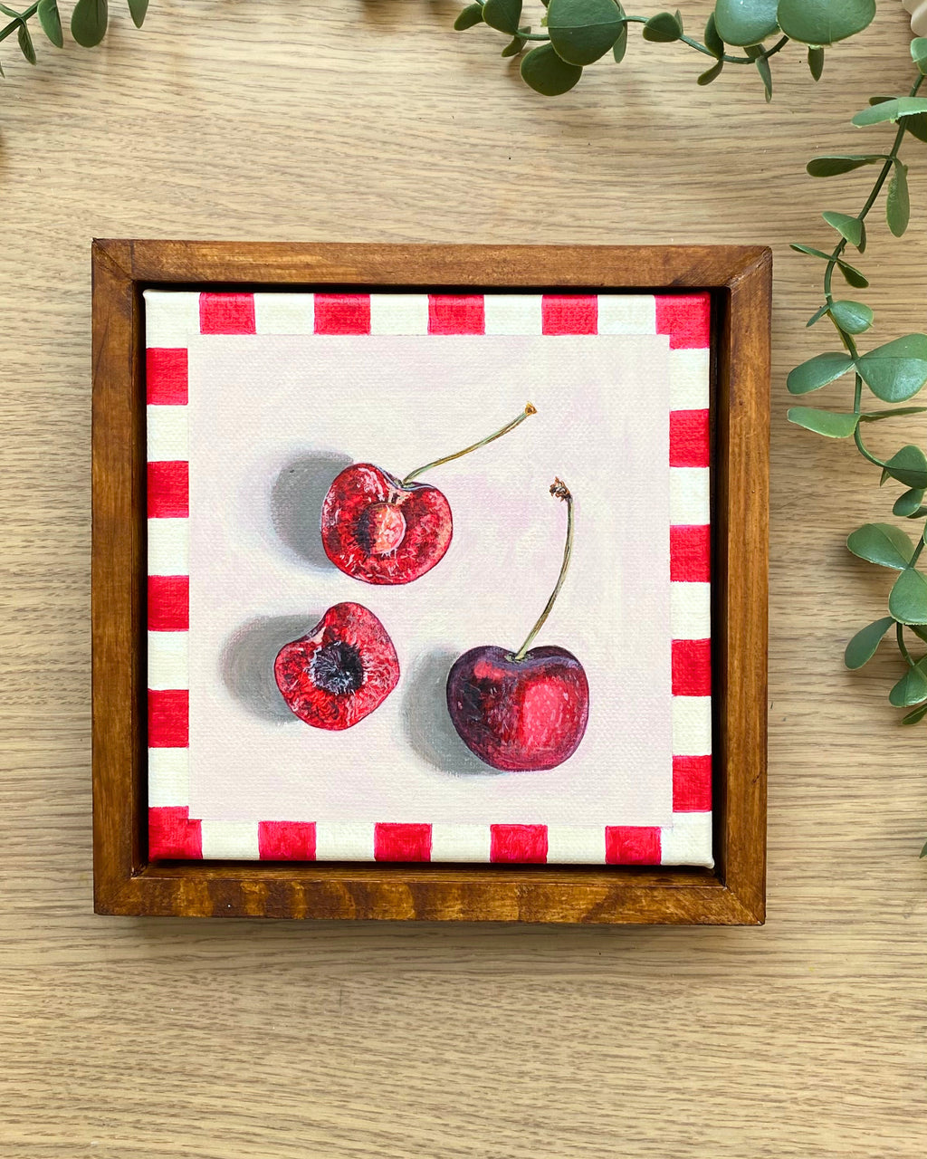 Rainbow Orchard — Cherries, framed with handmade red gingham border
