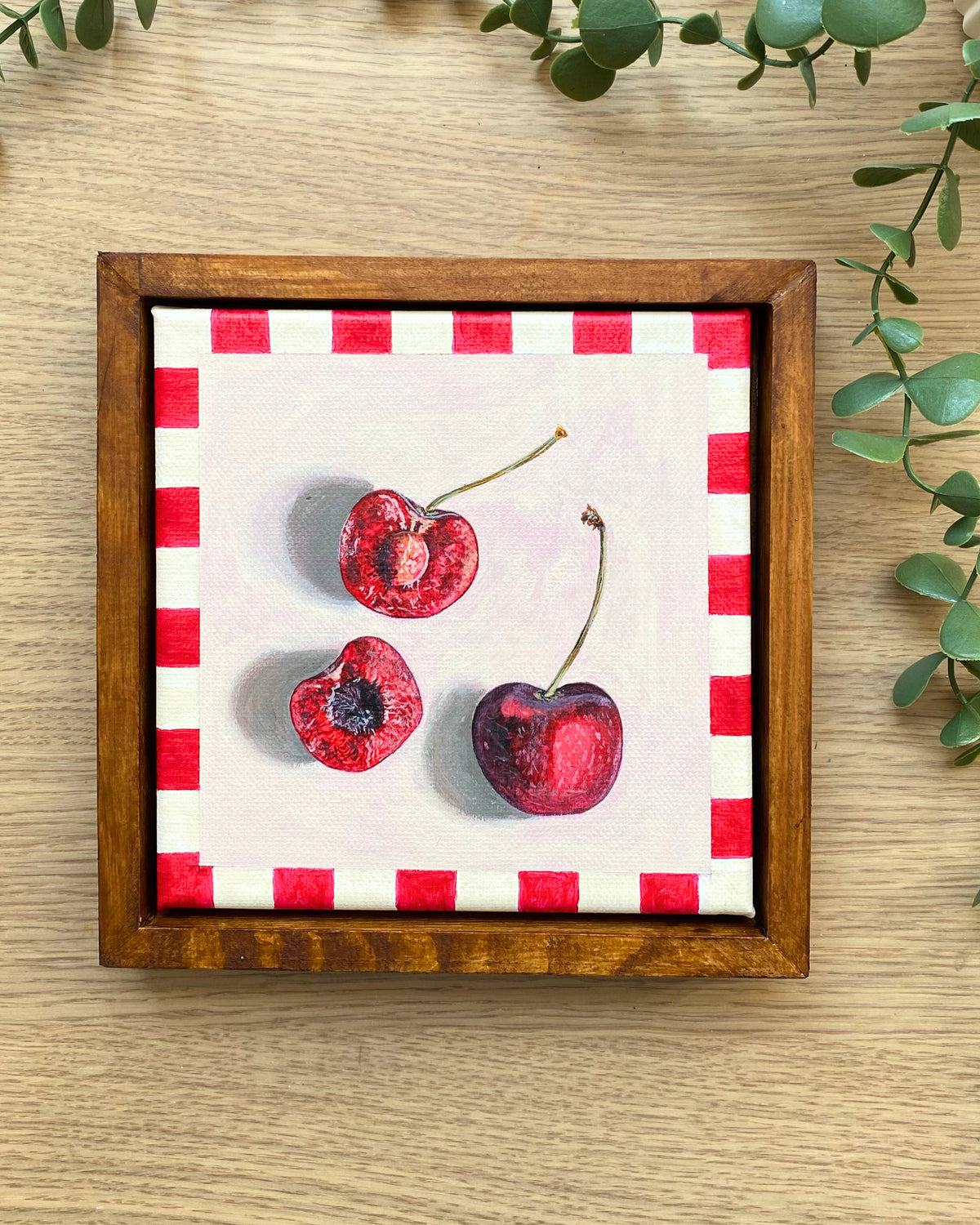 Rainbow Orchard — Cherries, framed with handmade red gingham border