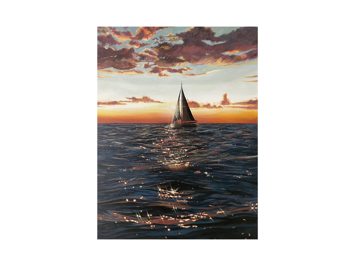 Final Glimmer — full artwork, acrylic painting of sailboat at sunset