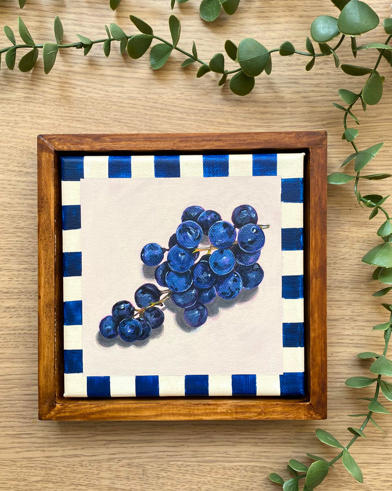 Rainbow Orchard — Blue Grapes, framed with handmade blue gingham border