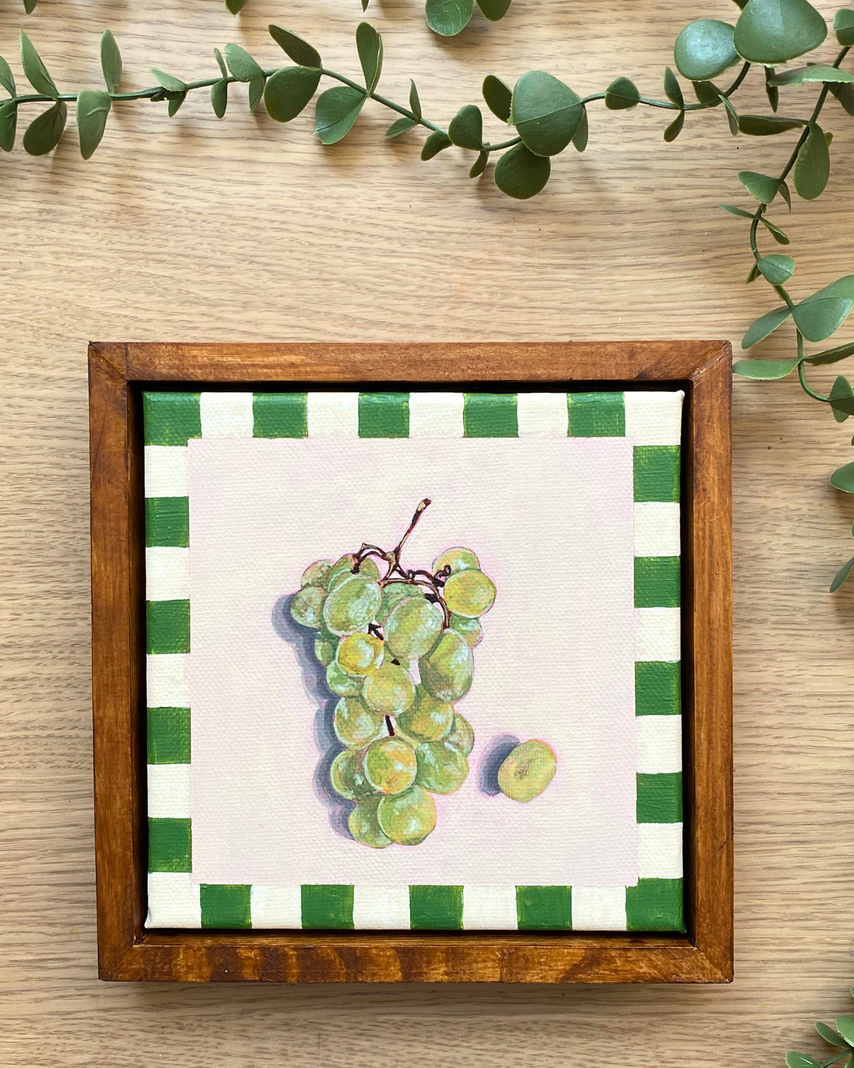 Rainbow Orchard — Green Grapes, framed with handmade green gingham border