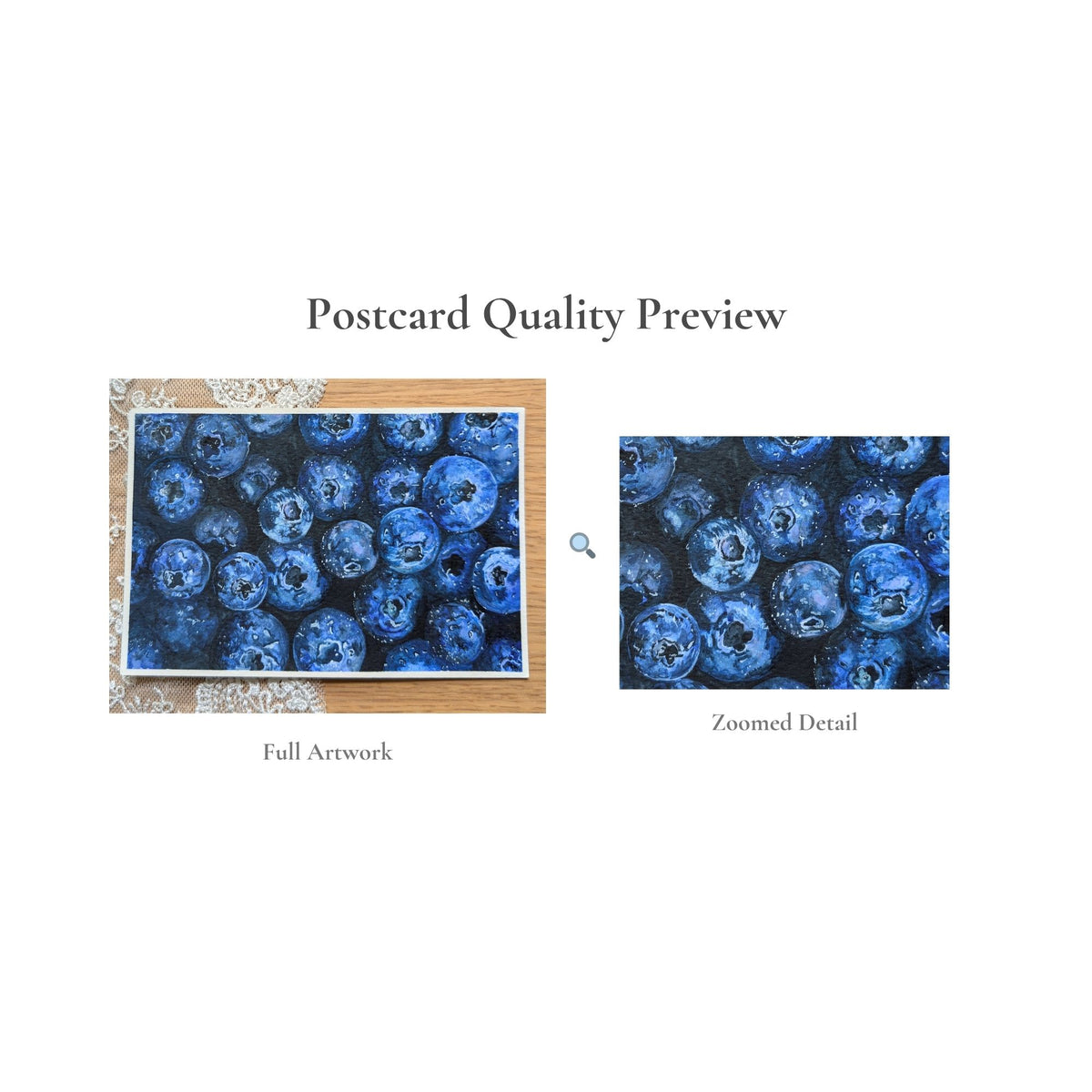 Hand-Painted Postcard No. 1 — Blueberries, quality preview with zoomed detail