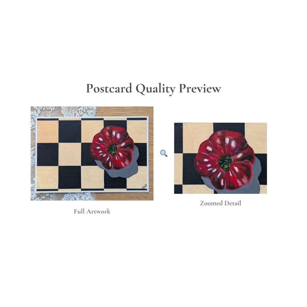 Hand-Painted Postcard No. 10 — Heirloom Tomato on Checkerboard, quality preview with zoomed detail