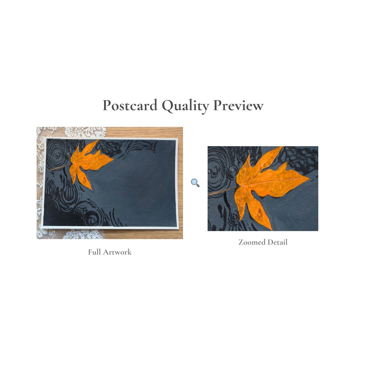 Hand-Painted Postcard No. 11 — Autumn Leaf in the Rain, quality preview with zoomed detail