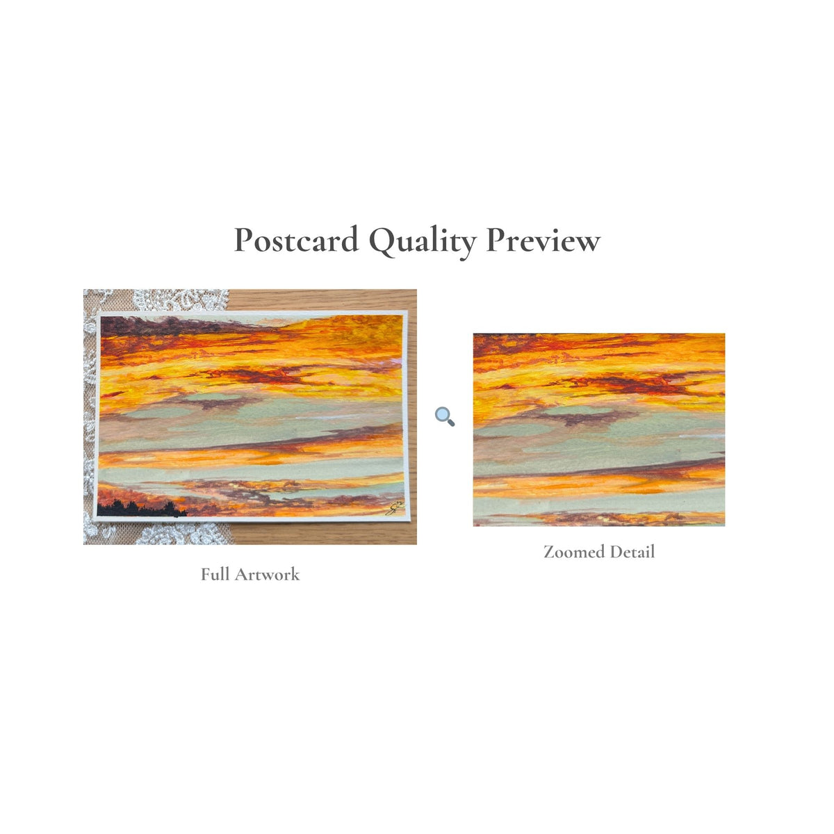 Hand-Painted Postcard No. 12 — Blazing Sunset, quality preview with zoomed detail