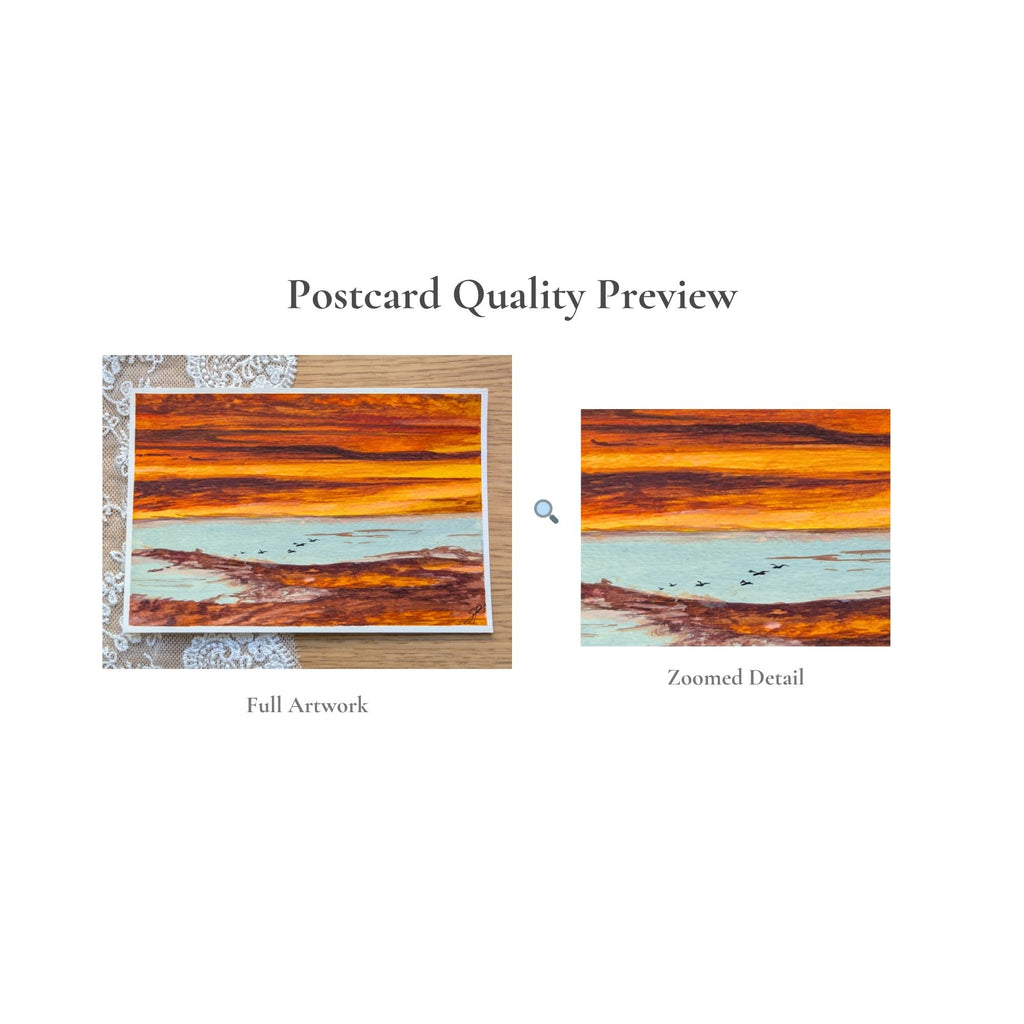 Hand-Painted Postcard No. 13 — Sunset over the Estuary, quality preview with zoomed detail