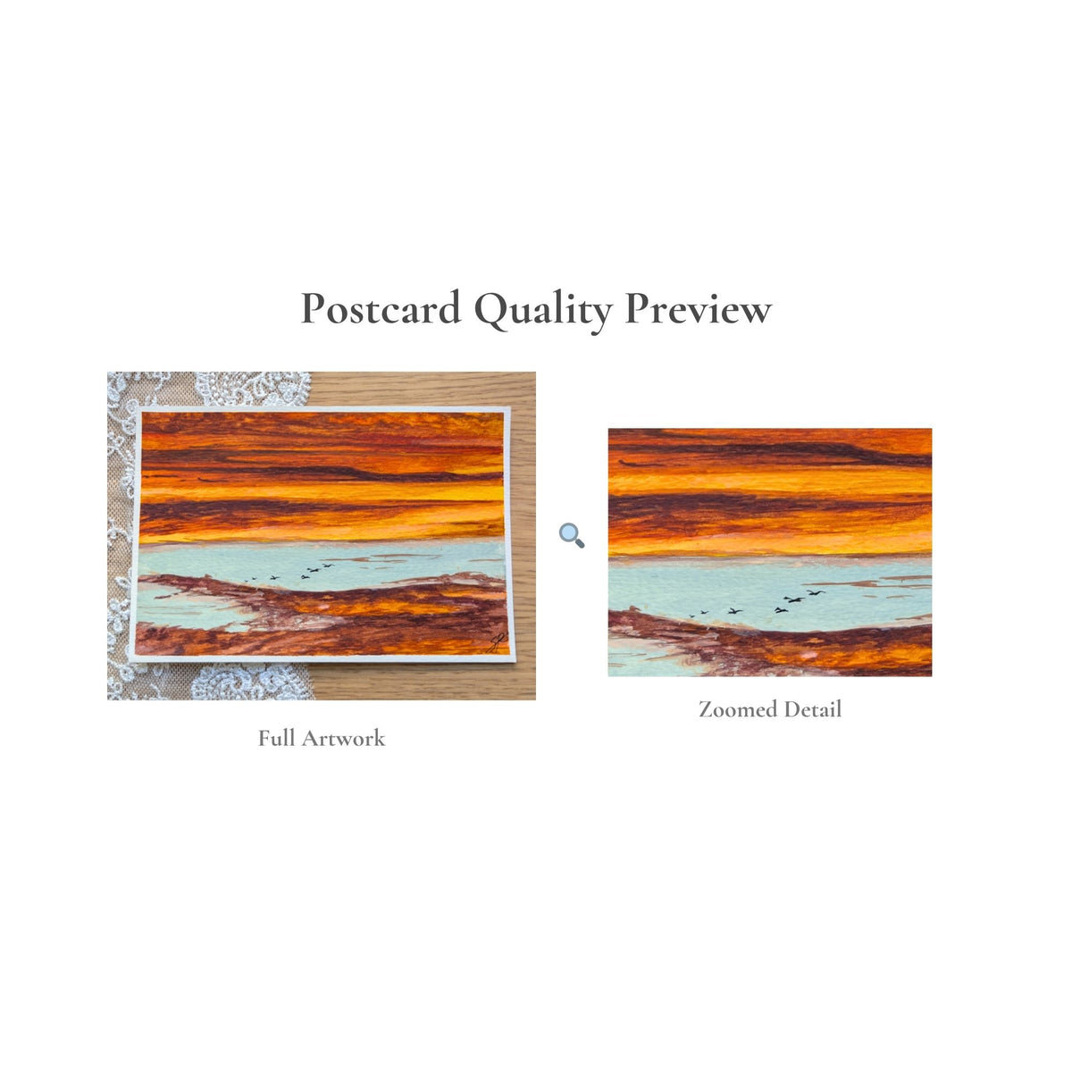 Hand-Painted Postcard No. 13 — Sunset over the Estuary, quality preview with zoomed detail