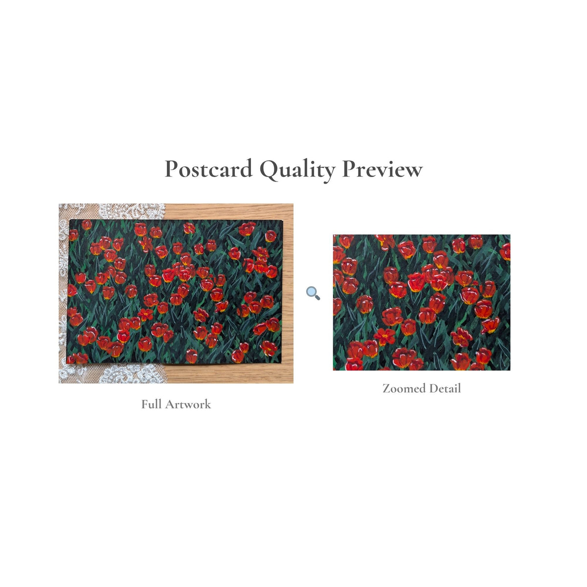 Hand-Painted Postcard No. 14 — Red Tulip Field, quality preview with zoomed detail