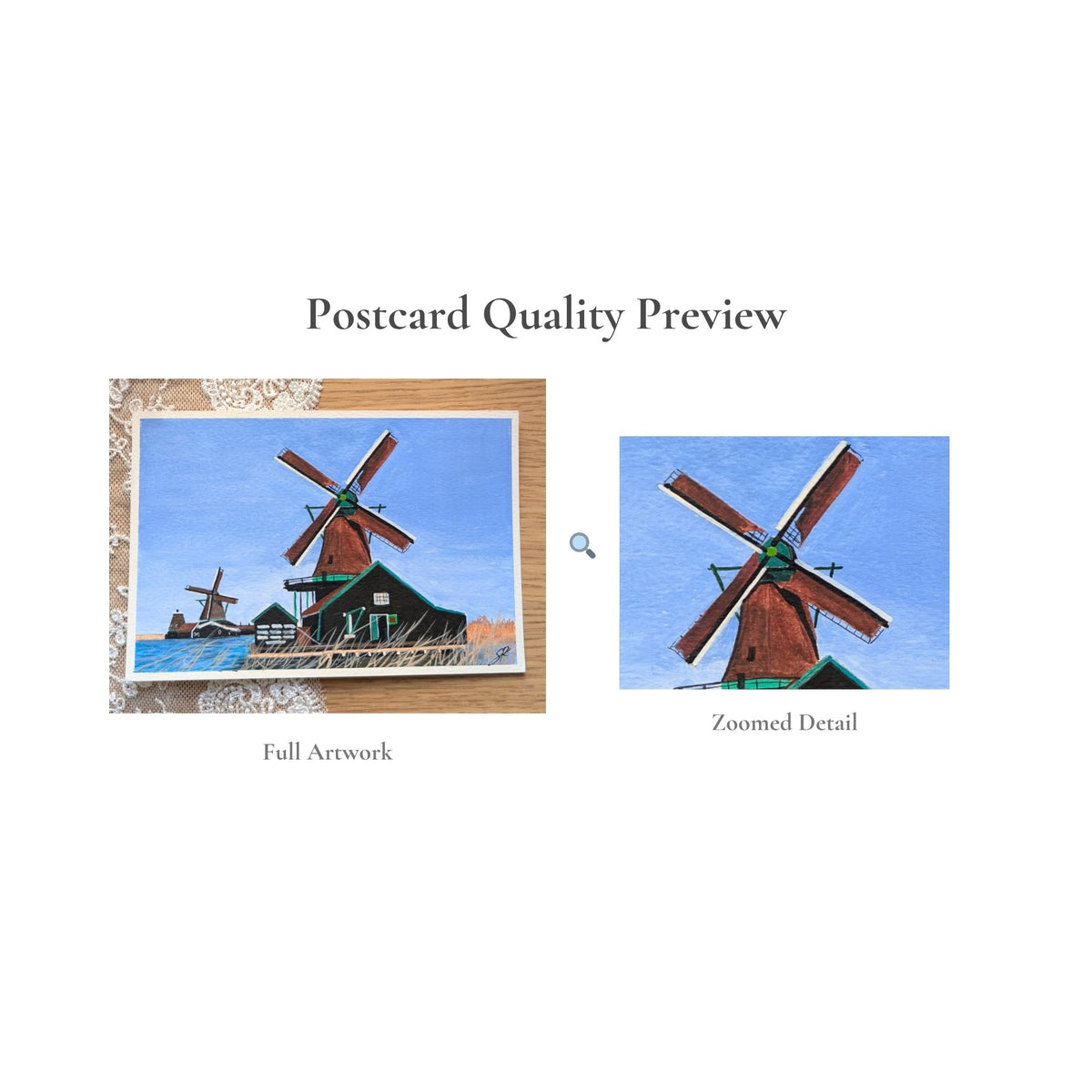 Hand-Painted Postcard No. 2 — Zaanse Schans, quality preview with zoomed detail