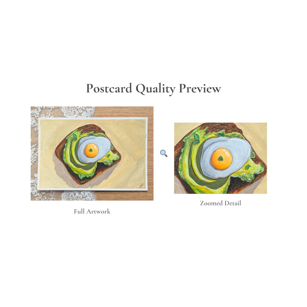 Hand-Painted Postcard No. 3 — Avocado Toast, quality preview with zoomed detail