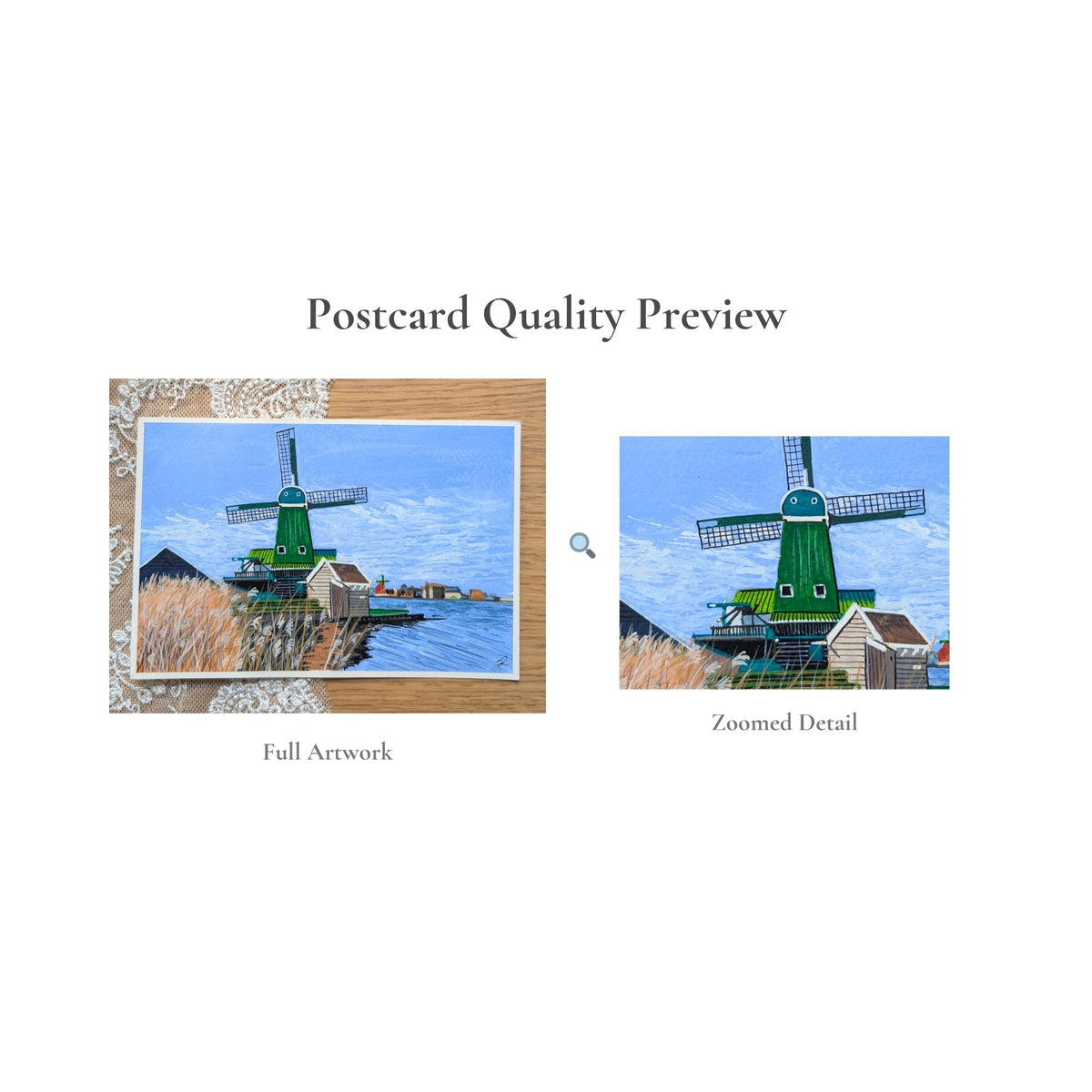 Hand-Painted Postcard No. 4 — De Kat Windmill, quality preview with zoomed detail