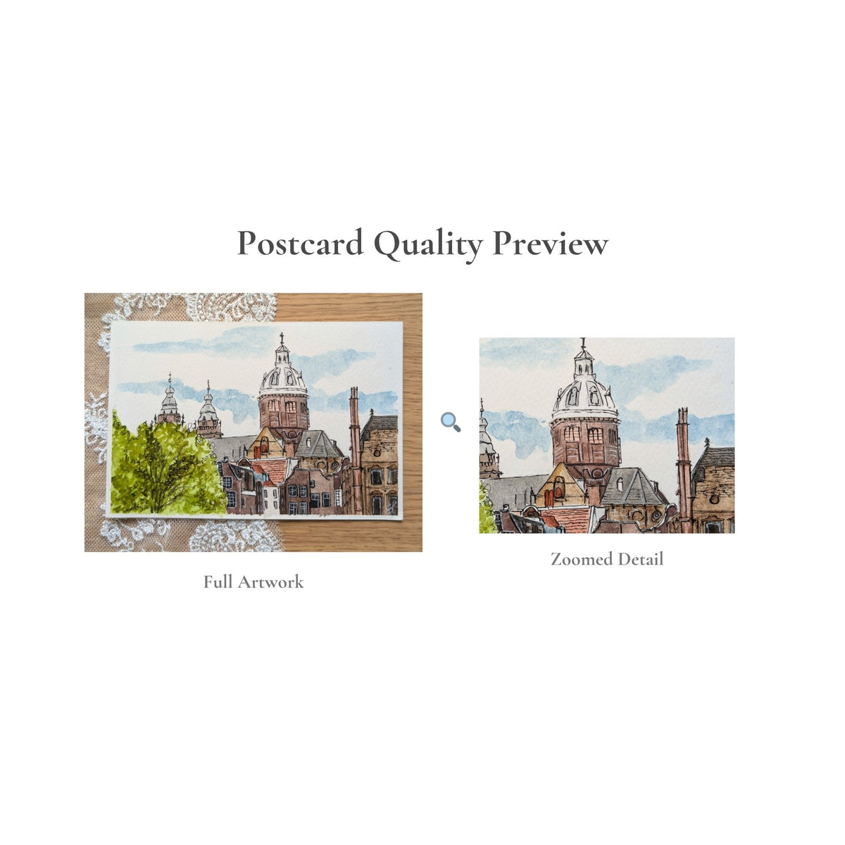 Hand-Painted Postcard No. 5 — Sint-Nicolaaskerk, quality preview with zoomed detail