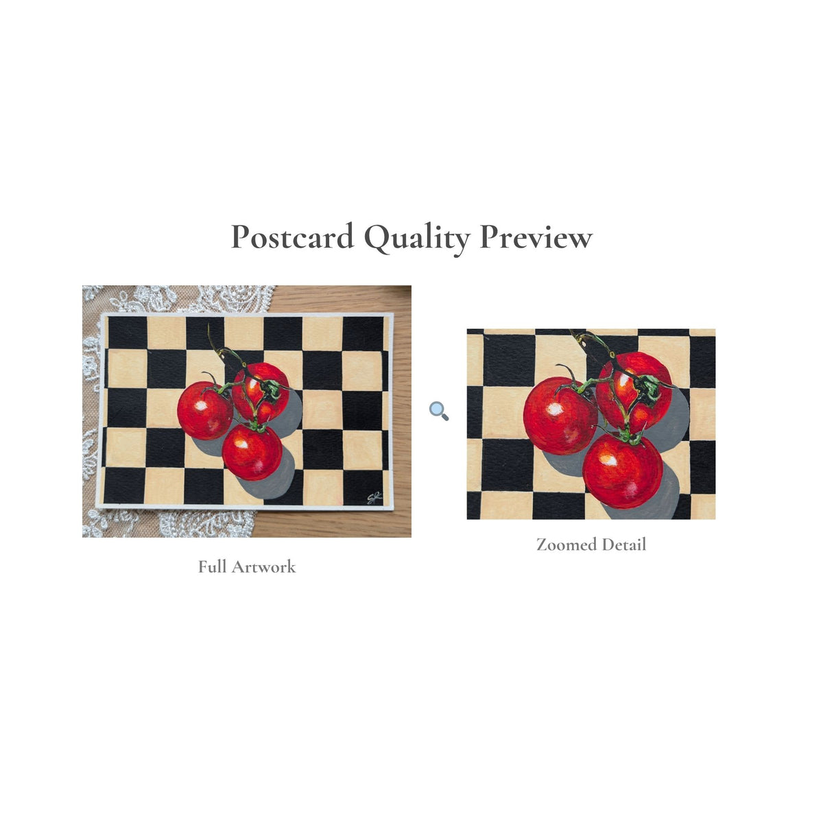 Hand-Painted Postcard No. 9 — Cherry Tomatoes on Checkerboard, quality preview with zoomed detail