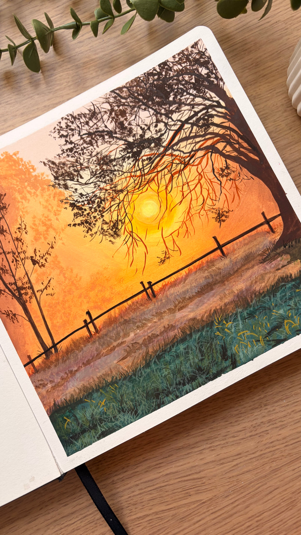 Through the Mist — detail view, gouache on 280 gsm paper