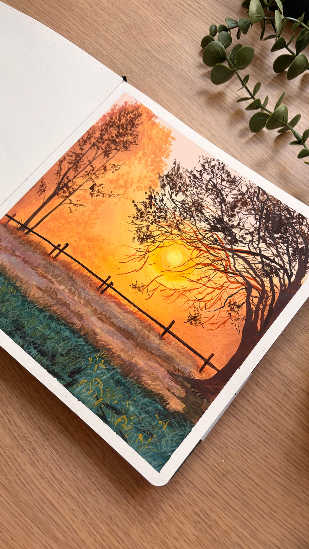 Through the Mist — golden sunset landscape, gouache
