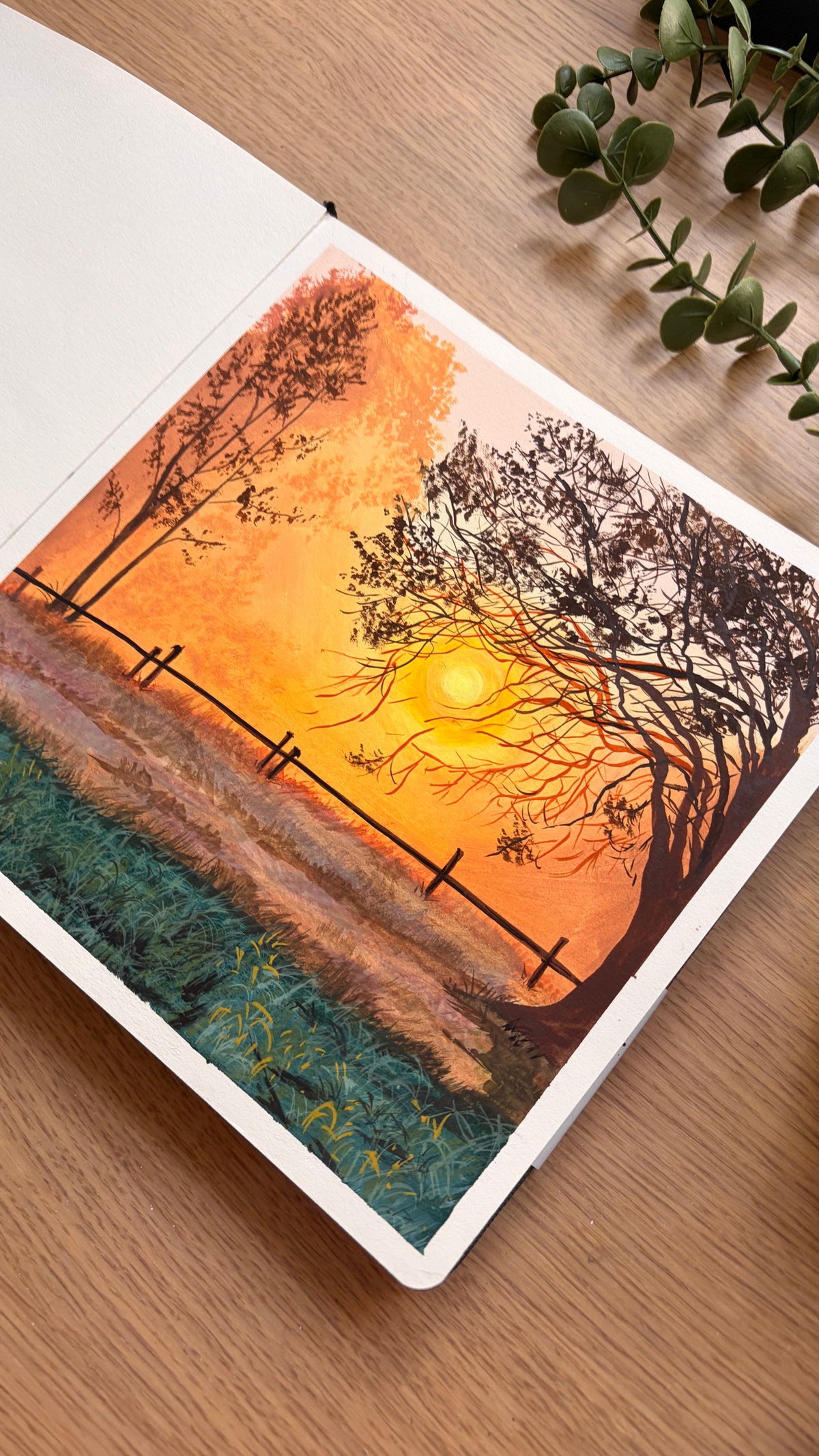 Through the Mist — golden sunset landscape, gouache
