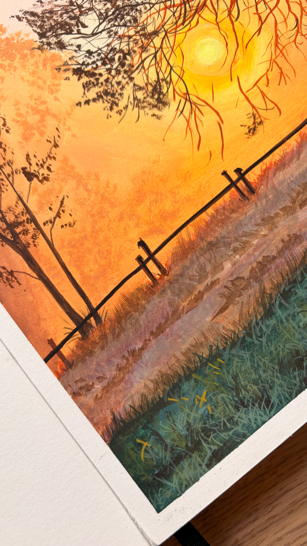 Through the Mist — detail of fence and grass, gouache
