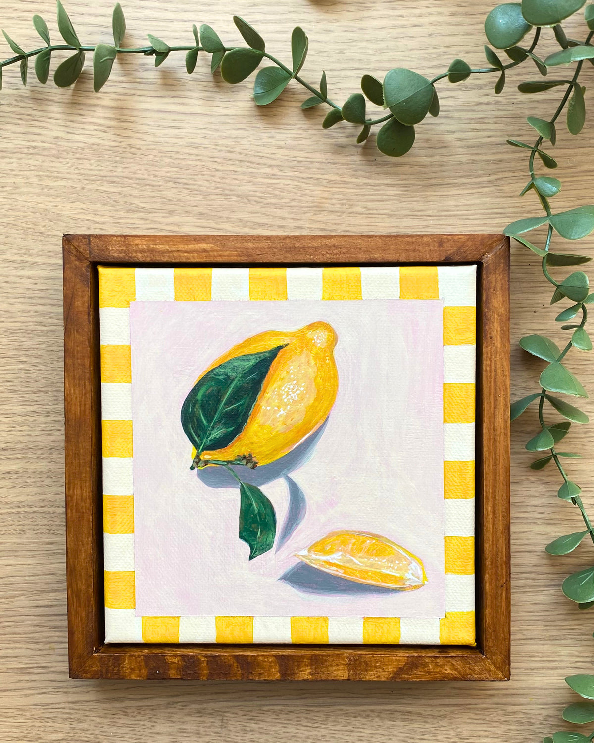 Rainbow Orchard — Lemon, framed with handmade yellow gingham border