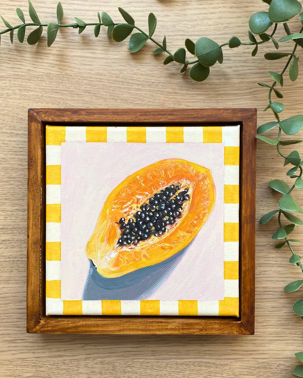 Rainbow Orchard — Papaya, framed with handmade yellow gingham border