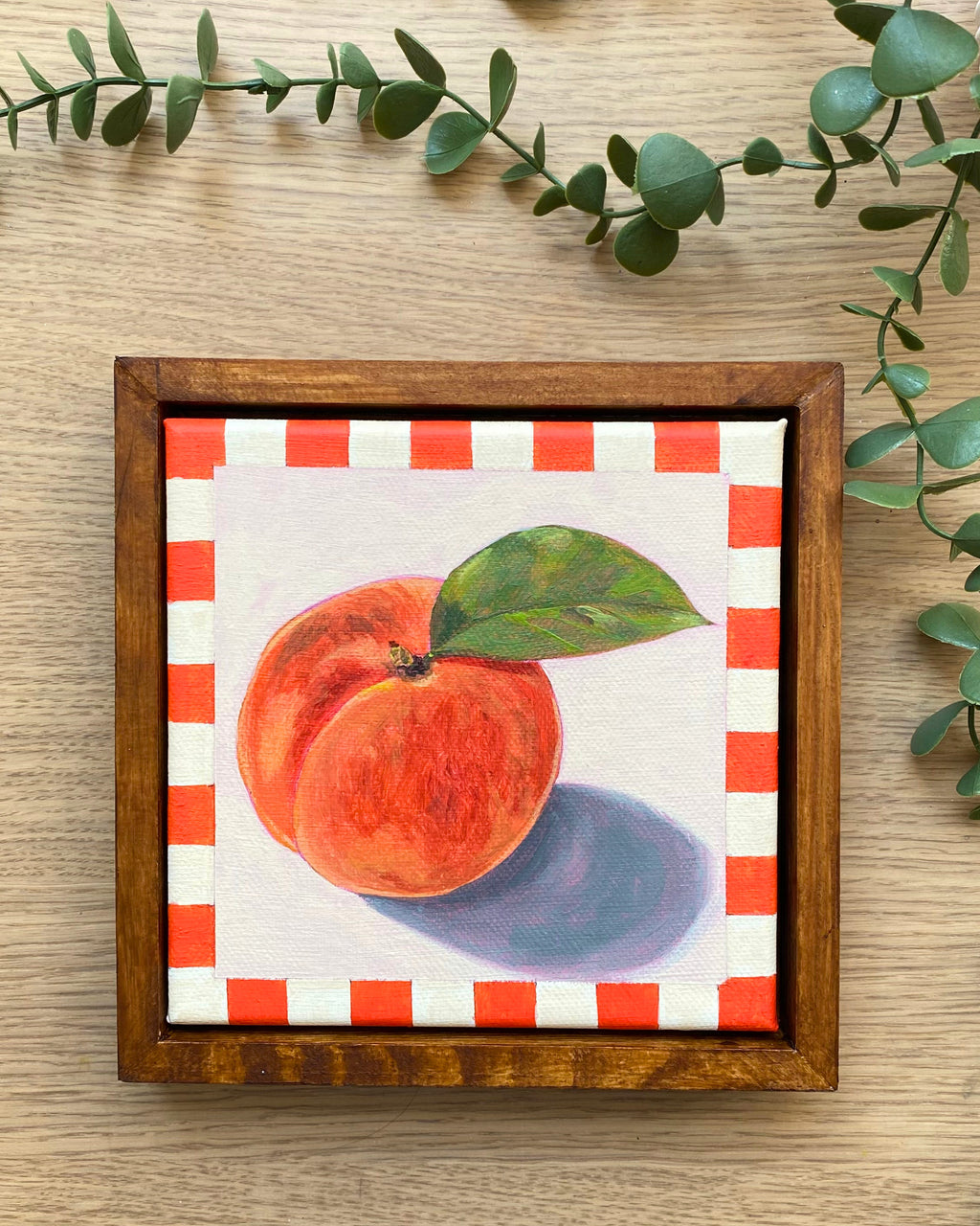 Rainbow Orchard — Peach, framed with handmade orange gingham border