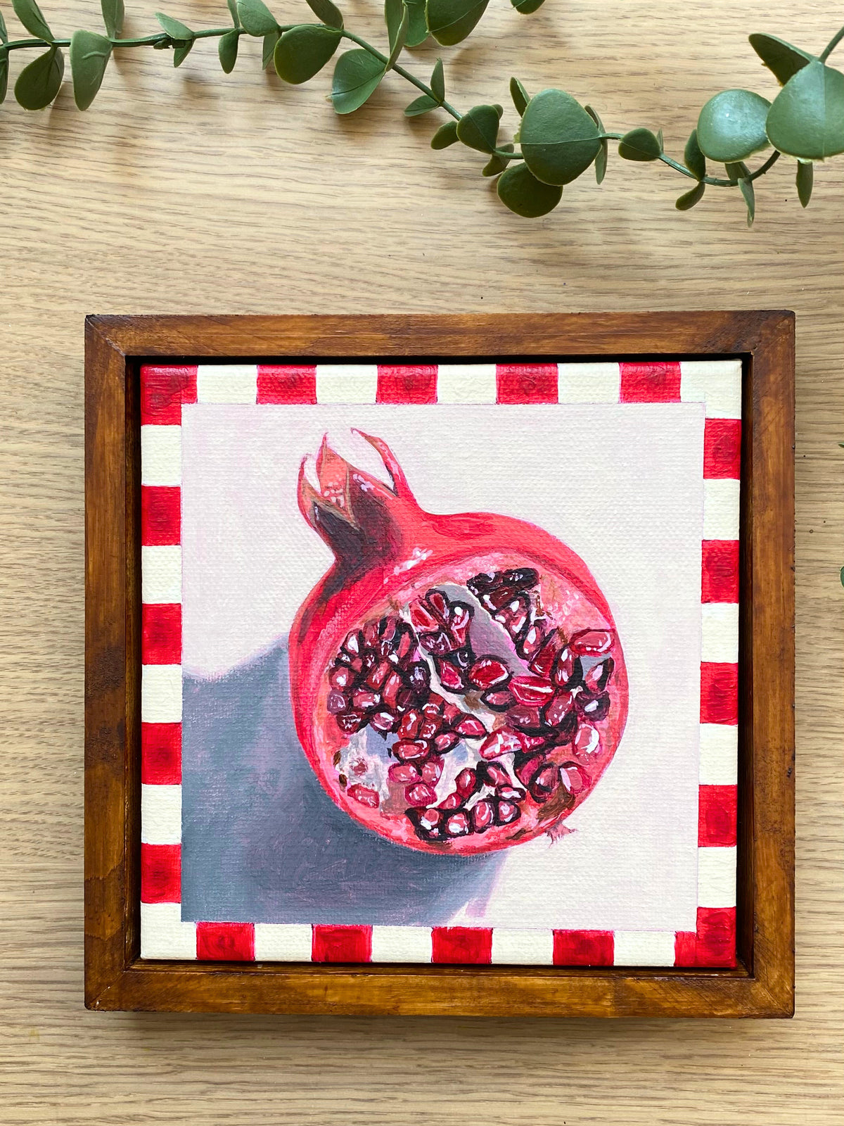 Rainbow Orchard — Pomegranate, framed with handmade red gingham border
