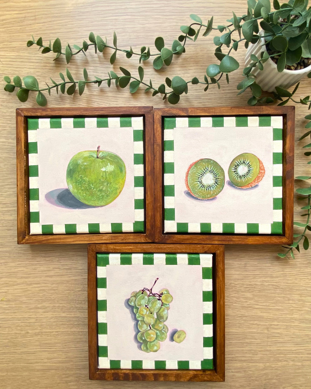 Rainbow Orchard — Green Collection, set of 3 framed paintings: Green Apple, Kiwi, Green Grapes