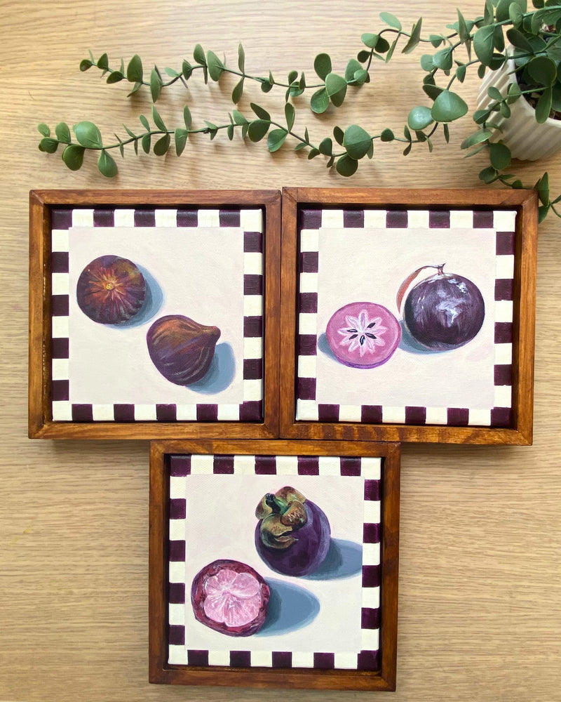 Rainbow Orchard — Purple Collection, set of 3 framed paintings: Fig, Star Apple, Mangosteen