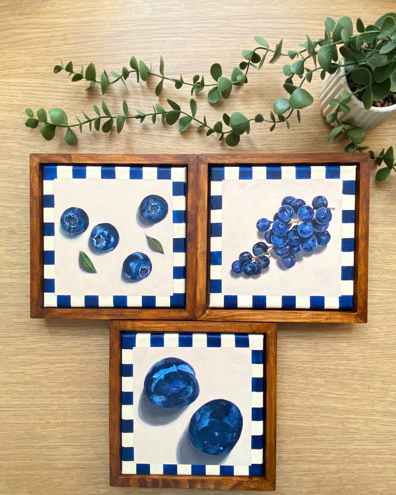Rainbow Orchard — Blue Collection, set of 3 framed paintings