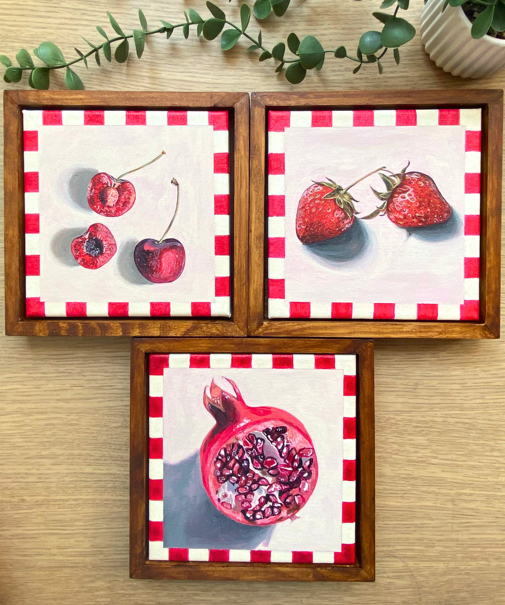 Rainbow Orchard — Red series, set of 3 framed paintings