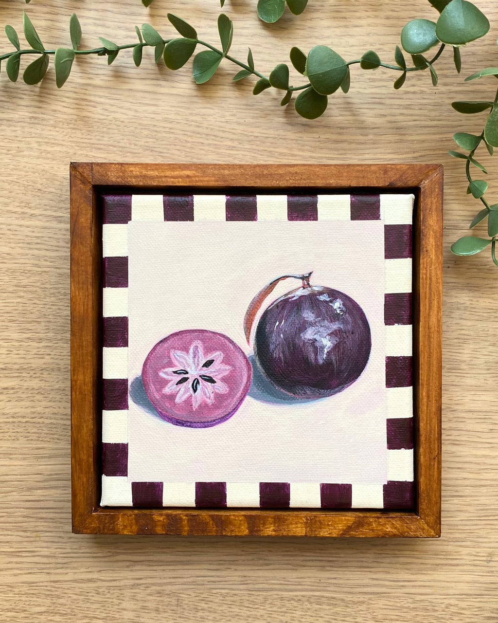 Rainbow Orchard — Star Apple, framed with handmade purple gingham border
