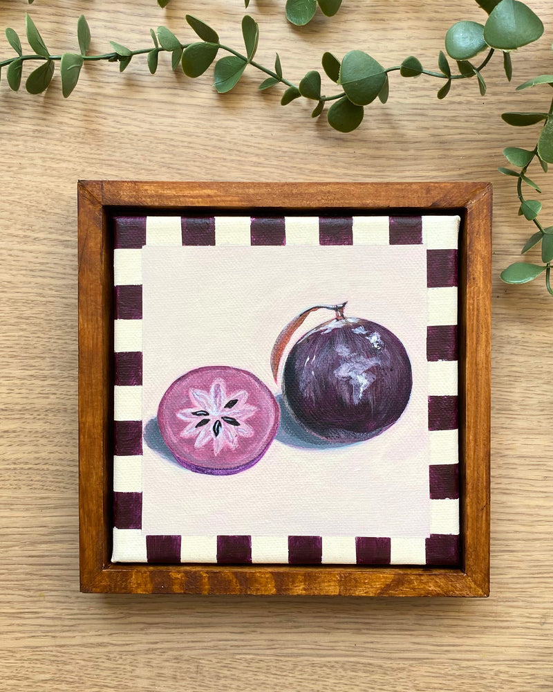 Rainbow Orchard — Star Apple, framed with handmade purple gingham border