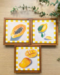 Rainbow Orchard — Yellow Collection, set of 3 framed paintings: Papaya, Lemon, Mango