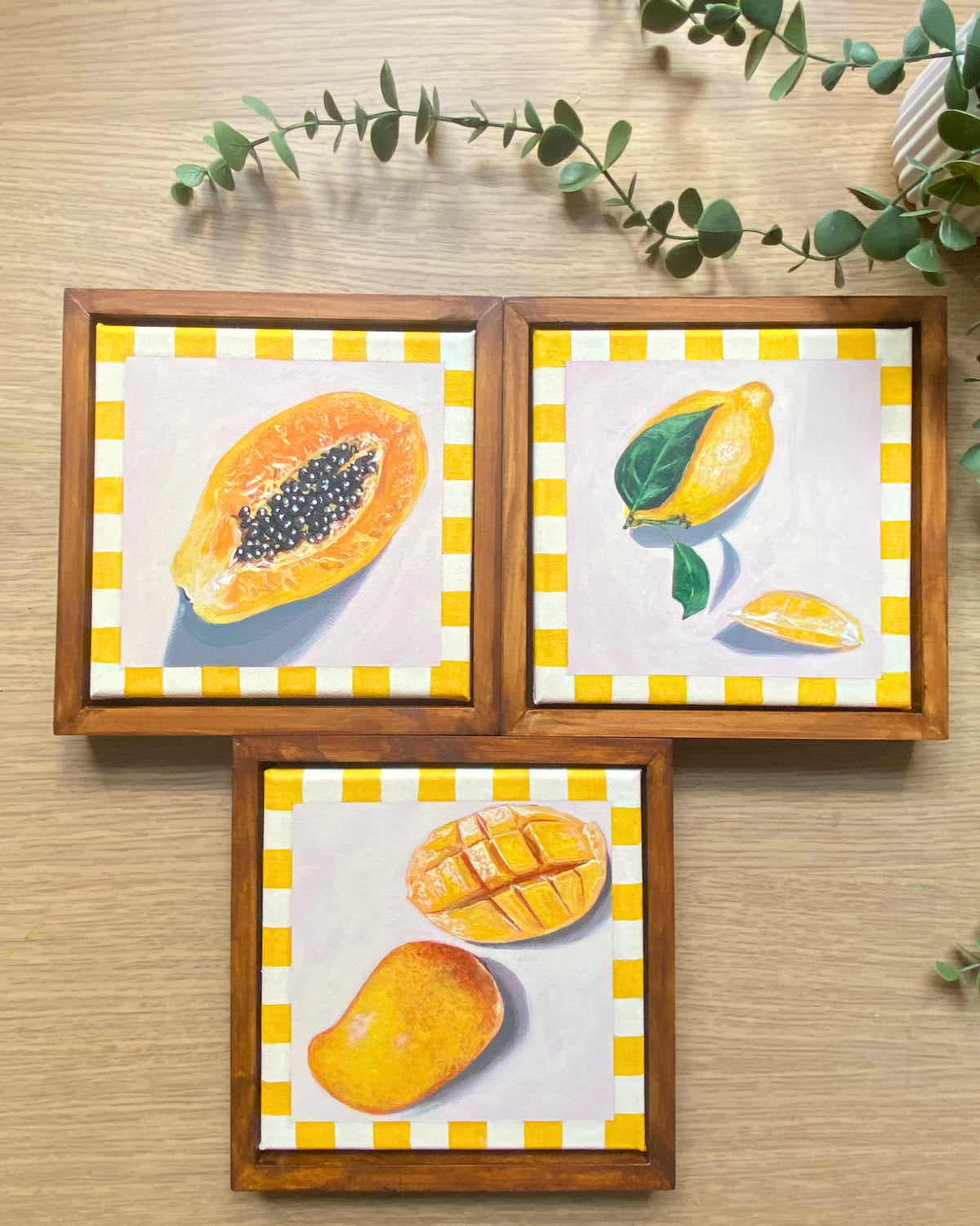 Rainbow Orchard — Yellow Collection, set of 3 framed paintings: Papaya, Lemon, Mango