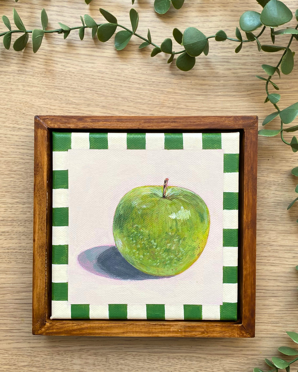 Rainbow Orchard — Green Apple, framed with handmade green gingham border